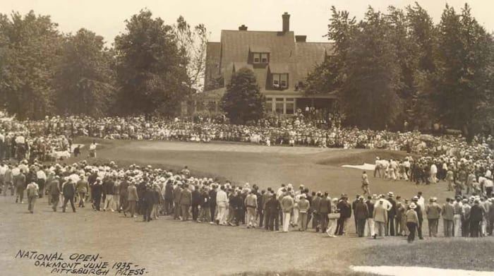 Fans surround the 18th hole in the final round of the 1935 U.S. Open at Oakmont Country Club.